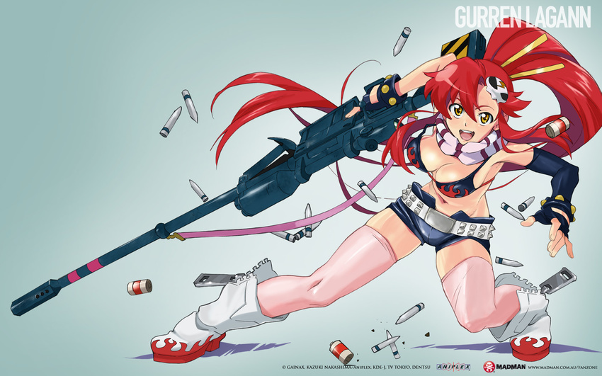 1girl :d ammo ammunition bangs bare_shoulders belt bikini_top black_gloves boots bracelet breasts bullet cleavage copyright_name crease detached_sleeves female fingerless_gloves fingernails flame_print full_body gloves grey_background gun hair_between_eyes hair_ornament hair_stick hands highres holding jewelry legs long_hair long_image looking_at_viewer navel nishigori_atsushi official_art open_mouth pink_legwear ponytail pose red_hair rifle scarf short_shorts shorts skull smile solo stance standing tall_image teeth tengen_toppa_gurren_lagann text thighhighs unzipped wallpaper watermark weapon yellow_eyes yoko_littner zipper