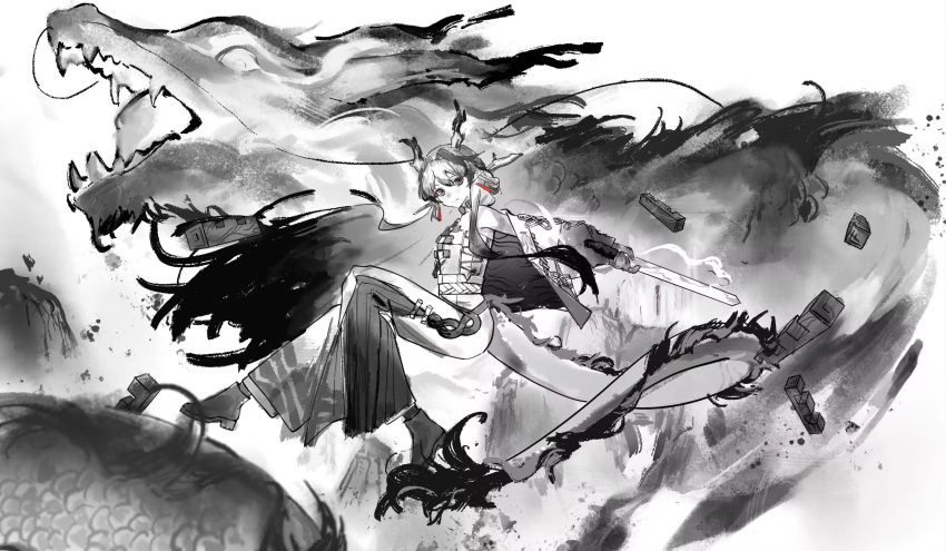 1girl ankle_boots arknights bare_shoulders boots closed_mouth dragon dragon_girl dragon_horns dragon_tail earrings eastern_dragon flying greyscale hair_intakes highres holding holding_sword holding_weapon horns jacket jewelry long_hair long_sleeves looking_at_viewer matquing monochrome necklace off_shoulder open_clothes open_jacket outstretched_arm pants pointy_ears shu_(arknights) smile solo split_mouth spot_color strapless sword tail tube_top unfinished very_long_hair weapon wide_shot
