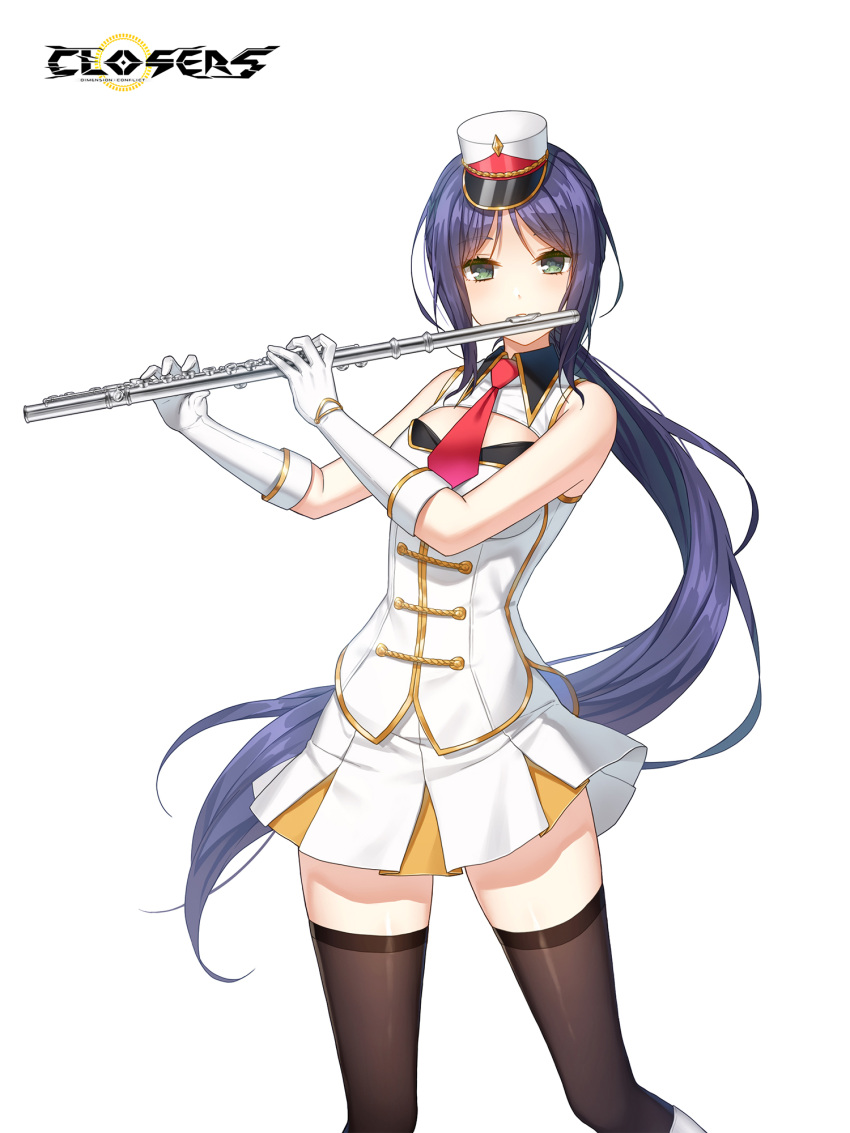 1girl band_uniform bare_shoulders black_thighhighs blue_hair boots breasts buttons cleavage_cutout closed_mouth closers clothing_cutout collared_jacket copyright_name cowboy_shot double-breasted eunha_(closers) flute fold-over_gloves gloves green_eyes hat highres holding holding_flute holding_instrument instrument jacket knee_boots legs_apart logo long_hair looking_at_viewer marching_band medium_breasts mini_shako_cap miniskirt music necktie official_art parted_bangs playing_flute playing_instrument pleated_skirt ponytail red_necktie shako_cap sidelocks skirt sleeveless sleeveless_jacket solo standing thighhighs transverse_flute uniform very_long_hair white_background white_footwear white_gloves white_headwear white_jacket white_skirt wing_collar zettai_ryouiki