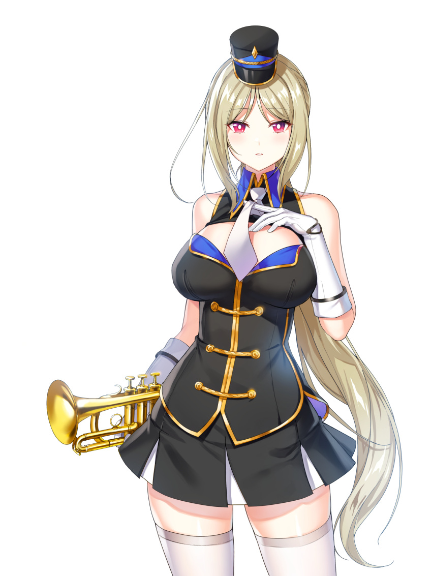 1girl alternate_hair_color band_uniform bare_shoulders black_headwear black_jacket black_skirt blonde_hair breasts bright_pupils buttons cleavage_cutout closers clothing_cutout collared_jacket cowboy_shot double-breasted fold-over_gloves gloves hand_on_own_chest hand_up hat highres holding holding_instrument holding_trumpet impossible_clothes impossible_jacket instrument jacket large_breasts legs_apart long_hair looking_at_viewer marching_band mini_shako_cap miniskirt mirae_(closers) necktie official_art parted_bangs parted_lips pleated_skirt ponytail red_eyes shako_cap sidelocks skirt sleeveless sleeveless_jacket solo standing thighhighs trumpet uniform very_long_hair white_background white_gloves white_necktie white_pupils white_thighhighs wing_collar zettai_ryouiki