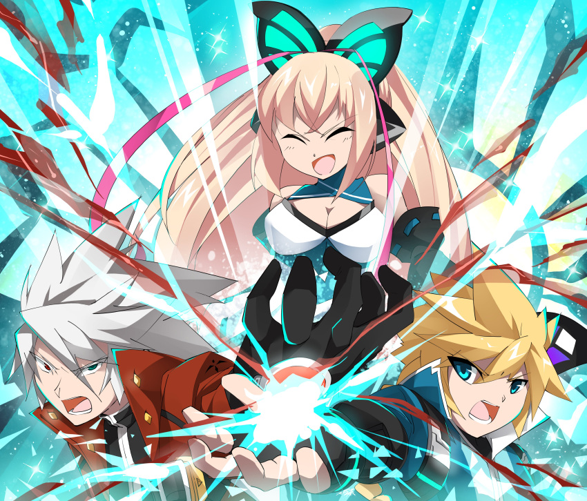 1girl 2boys absurdres antenna_hair azure_striker_gunvolt blazblue blonde_hair blue_eyes braid braided_ponytail breasts cleavage closed_eyes coat commentary crossover electricity green_eyes gunvolt heterochromia highres idol large_breasts long_hair lumen_(gunvolt) multicolored_hair multiple_boys pink_hair ponytail ragna_the_bloodedge red_coat red_eyes short_hair swiftatk777 white_hair