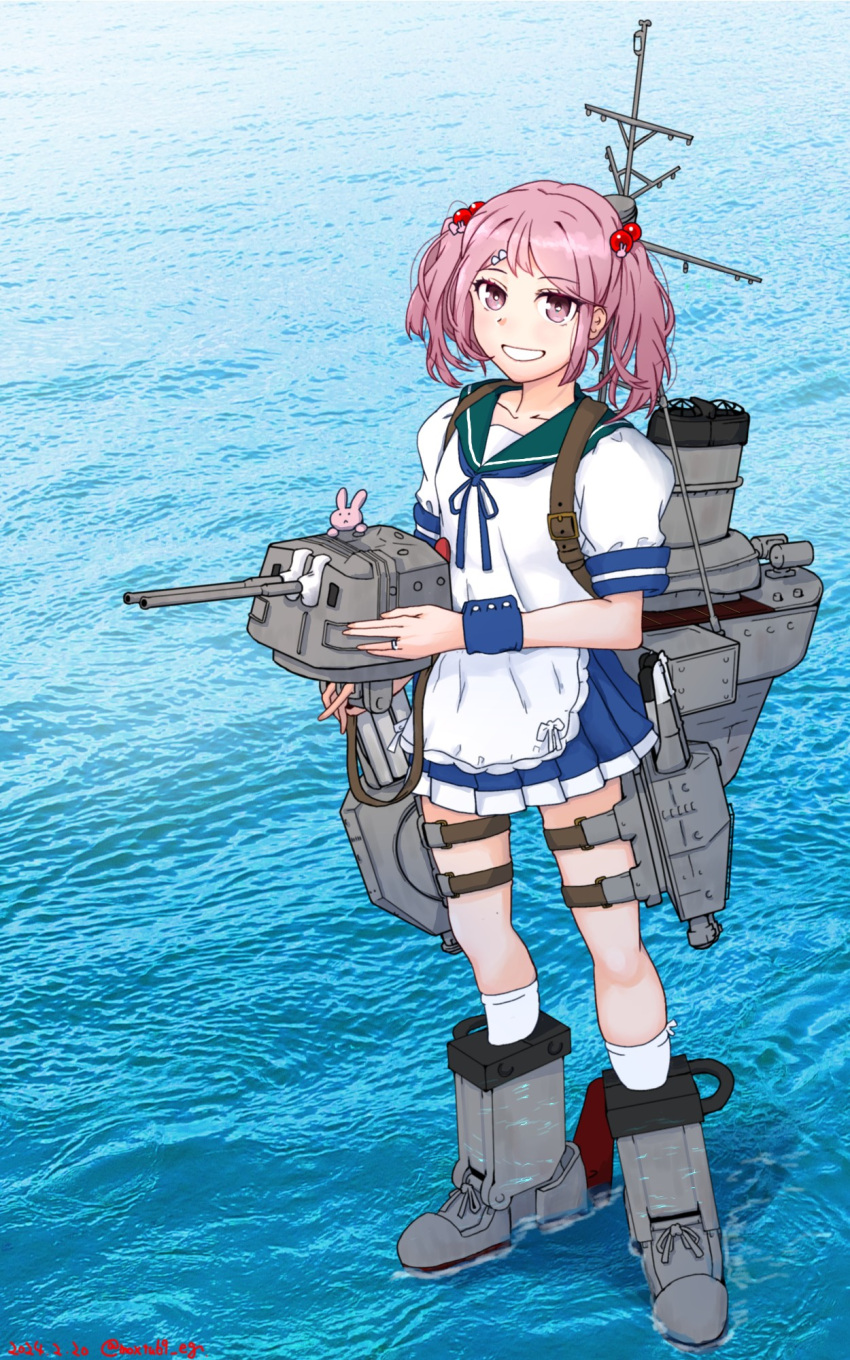 1girl adapted_turret apron blue_neckerchief blue_sailor_collar blue_skirt cannon frilled_apron frills full_body grin hair_bobbles hair_ornament highres kantai_collection looking_at_viewer machinery mast miniskirt moxtu69_eg neckerchief pink_eyes pink_hair pleated_skirt rabbit sailor_collar sazanami_(kancolle) school_uniform serafuku short_hair skirt smile smokestack standing standing_on_liquid torpedo_launcher turret twintails waist_apron water white_apron