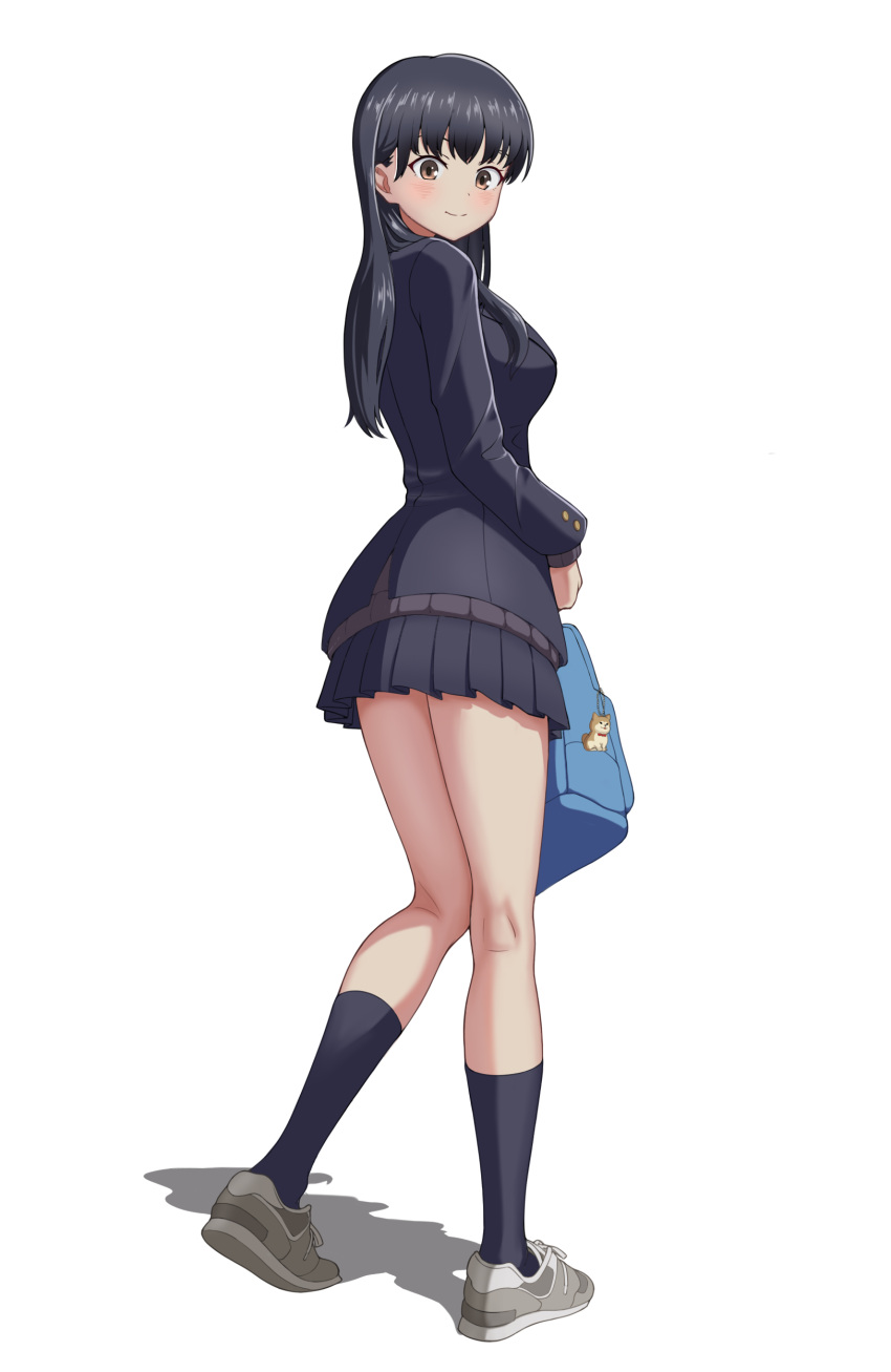 1girl absurdres backpack bag black_hair black_jacket black_skirt blazer boku_no_kokoro_no_yabai_yatsu brown_eyes full_body highres holding holding_bag jacket kneehighs kyouji44288608 long_hair looking_at_viewer looking_back pleated_skirt shoes simple_background skirt sneakers socks solo standing white_background yamada_anna