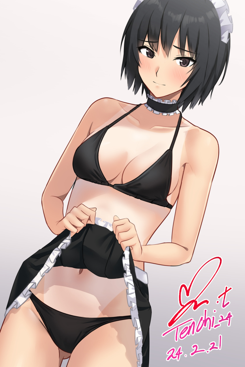 1girl amagami bare_shoulders bikini black_bikini black_hair blush breasts choker clothes_lift collarbone dated frilled_choker frilled_skirt frills highres lifted_by_self maid_headdress medium_breasts nanasaki_ai one-piece_tan short_hair signature skirt skirt_lift standing swimsuit swimsuit_under_clothes tan tanlines yoo_tenchi