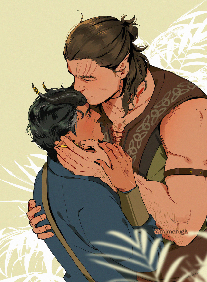 2boys baldur's_gate baldur's_gate_3 bara brown_hair chest_hair_peek couple dark-skinned_male dark_skin demon_horns dungeons_and_dragons ear_fondling elf from_above halsin highres horns interracial kiss kissing_forehead male_focus mature_male medium_hair mimorugk multiple_boys muscular muscular_male pectoral_cleavage pectorals pointy_ears sparse_arm_hair tav_(baldur's_gate_3) thick_eyebrows yaoi