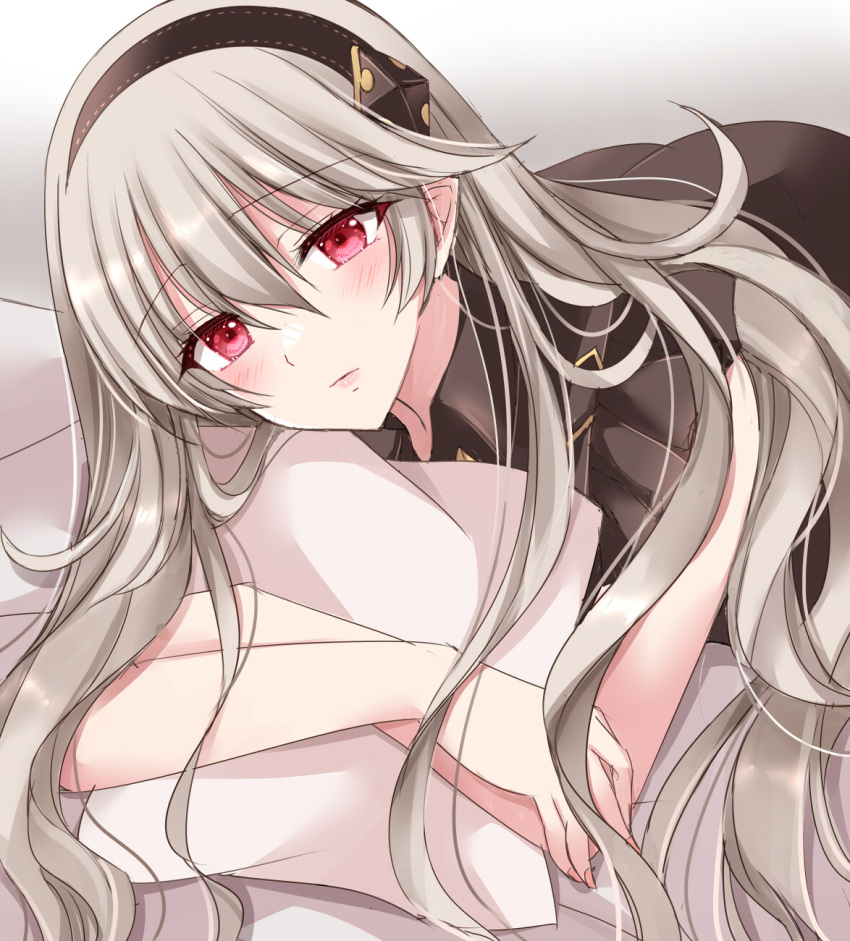 1girl black_dress black_hairband brown_hair closed_mouth collared_dress corrin_(female)_(fire_emblem) corrin_(fire_emblem) dress fire_emblem fire_emblem_fates frilled_dress frills full_body hair_between_eyes hairband highres hugging_object kirishima_riona looking_at_viewer pillow pillow_hug pointy_ears red_eyes solo