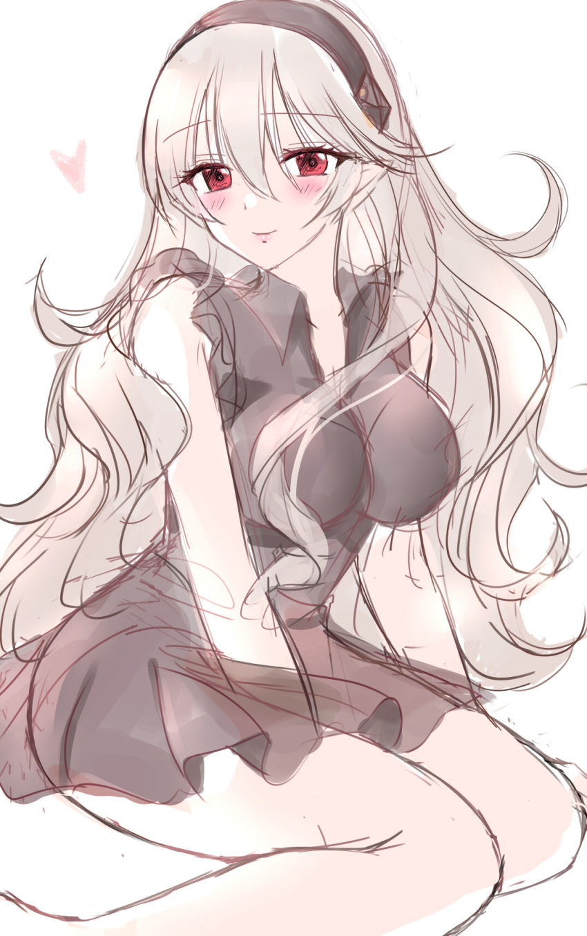 1girl bare_arms bare_shoulders barefoot between_legs black_dress black_hairband blush breasts brown_hair closed_mouth collared_dress corrin_(female)_(fire_emblem) corrin_(fire_emblem) dress feet_out_of_frame fire_emblem fire_emblem_fates hair_between_eyes hairband hand_between_legs heart highres kirishima_riona long_hair looking_at_viewer medium_breasts red_eyes simple_background sitting sketch sleeveless sleeveless_dress smile solo very_long_hair wariza white_background