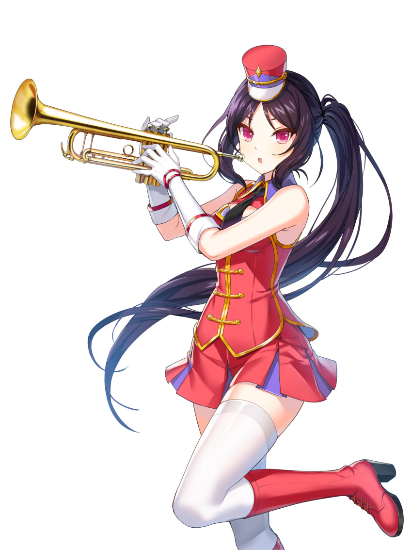 1girl :o alternate_hair_color band_uniform bare_shoulders black_necktie boots breasts buttons cleavage_cutout closers clothing_cutout collared_jacket cowboy_shot double-breasted fold-over_gloves gloves hands_up hat high_heels highres holding holding_instrument holding_trumpet instrument jacket knee_boots leg_up long_hair looking_at_viewer luna_aegis_(closers) marching_band mini_shako_cap miniskirt necktie official_art parted_bangs pink_eyes pleated_skirt ponytail purple_hair red_footwear red_headwear red_jacket red_skirt shako_cap sidelocks skirt sleeveless sleeveless_jacket small_breasts solo standing standing_on_one_leg thighhighs trumpet uniform very_long_hair white_background white_gloves white_thighhighs wing_collar zettai_ryouiki