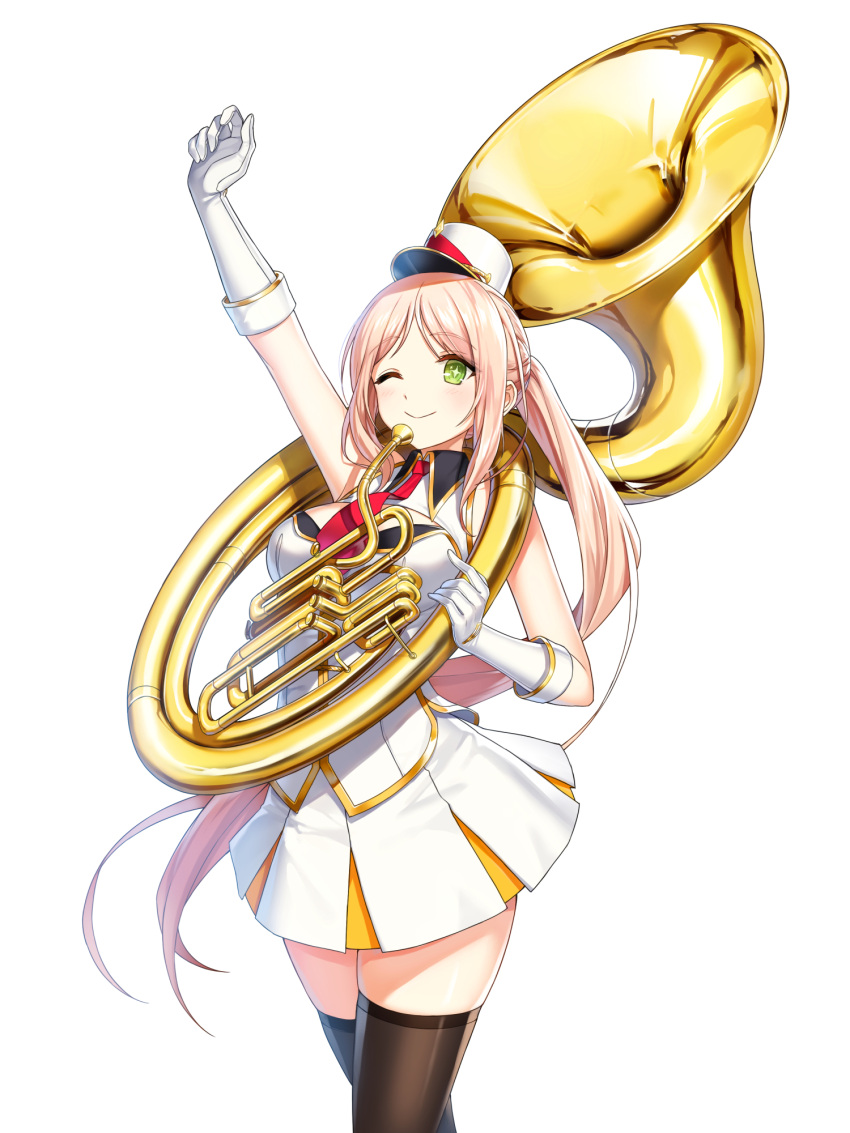 +_- 1girl ;) arm_up band_uniform bare_shoulders black_thighhighs blonde_hair breasts buttons cleavage_cutout closers clothing_cutout collared_jacket cowboy_shot double-breasted fold-over_gloves gloves green_eyes hands_up hat highres holding holding_instrument instrument jacket large_breasts long_hair looking_ahead marching_band mini_shako_cap miniskirt necktie official_art one_eye_closed parted_bangs pleated_skirt ponytail red_necktie shako_cap sidelocks skirt sleeveless sleeveless_jacket smile solo soma_(closers) sousaphone thighhighs uniform very_long_hair walking white_background white_gloves white_headwear white_jacket white_skirt wing_collar zettai_ryouiki