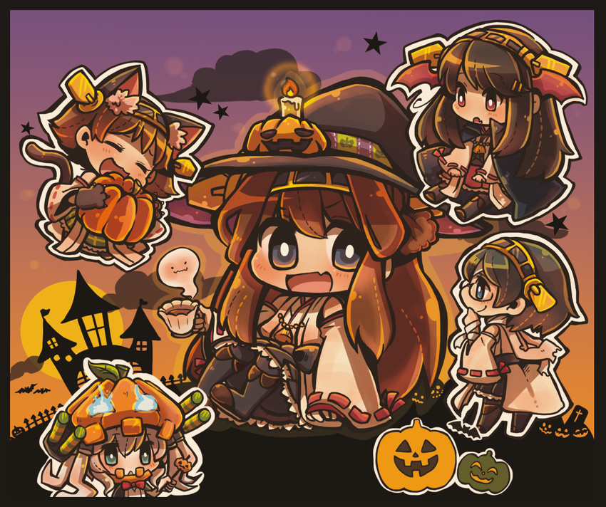 animal_ears bat black_hair blue_eyes brown_hair candle cape cat_ears cat_paws cat_tail chibi closed_eyes cup detached_sleeves fang ghost glasses hairband halloween haruna_(kantai_collection) hat hiei_(kantai_collection) jack-o'-lantern japanese_clothes kantai_collection kirishima_(kantai_collection) kongou_(kantai_collection) multiple_girls nontraditional_miko open_mouth paws pumpkin_hat red_eyes same_anko shinkaisei-kan silver_hair tail teacup thighhighs turret wand wide_sleeves witch_hat wo-class_aircraft_carrier