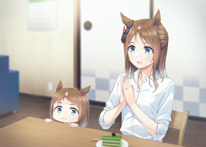 2girls :i aged_up alternate_costume animal_ears blue_eyes blush brown_hair cake cake_slice commentary_request dress_shirt ear_ribbon fingernails food grass_wonder_(umamusume) horse_ears indoors jewelry kazushiki_midori long_hair long_sleeves mother_and_daughter multiple_girls palms_together parted_bangs ring shirt sitting sleeves_rolled_up sliding_doors sweatdrop table umamusume wedding_ring white_shirt