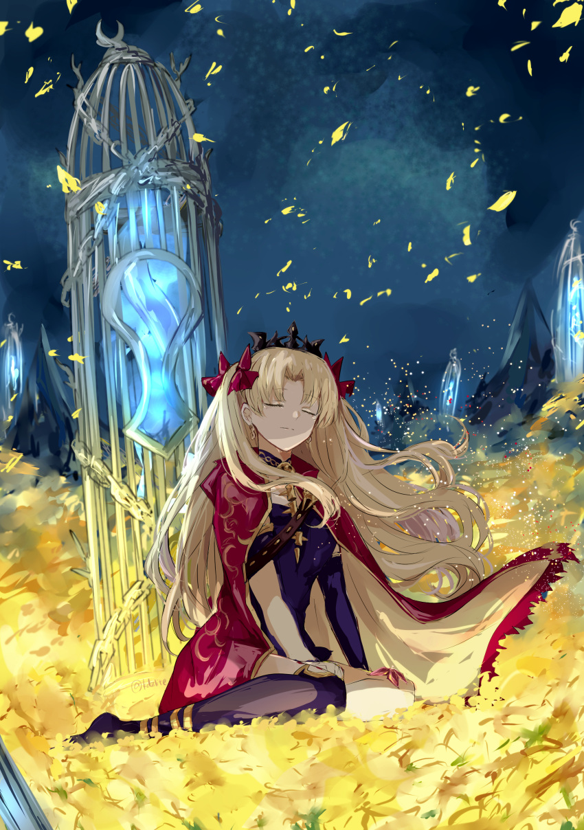 1girl absurdres asymmetrical_sleeves blonde_hair cage cloak closed_eyes earrings ereshkigal_(fate) fate/grand_order fate_(series) flower fur-trimmed_cloak fur_trim hair_ornament highres hoop_earrings infinity_symbol jewelry parted_bangs petals red_cloak single_sleeve sitting skull skull_ornament smile sodamachi solo spine tiara two-sided_cloak two-sided_fabric two_side_up underworld wariza yellow_cloak yellow_flower