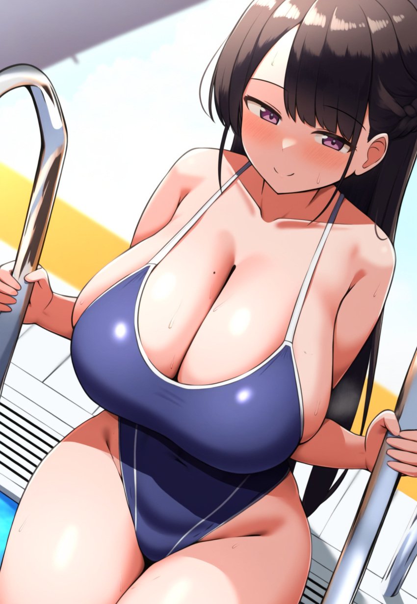 1girl black_hair blue_one-piece_swimsuit breasts cleavage closed_mouth collarbone commentary_request highleg highleg_swimsuit highres huge_breasts large_breasts long_hair mole mole_on_breast one-piece_swimsuit original poolside purple_eyes pyooon_pyooon revision sideboob smile solo swimsuit