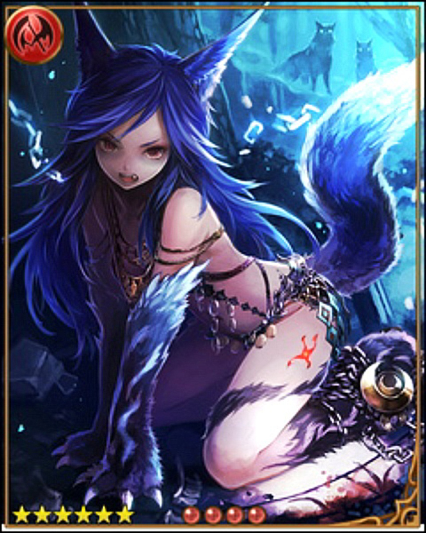 animal_ears blue_fur canine chain claws crouching female fenrir fur jewelry mammal not_furry open_mouth rage_of_bahamut red_eyes teeth tree wolf wolf_ears wolfgirl