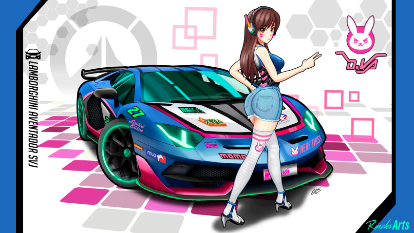 1girl artist_name ass black_footwear blue_shirt blue_shorts brown_eyes brown_hair car character_name d.va_(overwatch) denim denim_shorts english_commentary headphones high_heels highres imrinzlergtz_art lamborghini lamborghini_aventador lamborghini_aventador_svj long_hair looking_at_viewer looking_back major_league_gaming motor_vehicle nitrous_oxide_systems overwatch race_vehicle racecar shadow shirt shorts signature sleeveless sleeveless_shirt solo thighhighs v vehicle_focus vehicle_name walking white_thighhighs