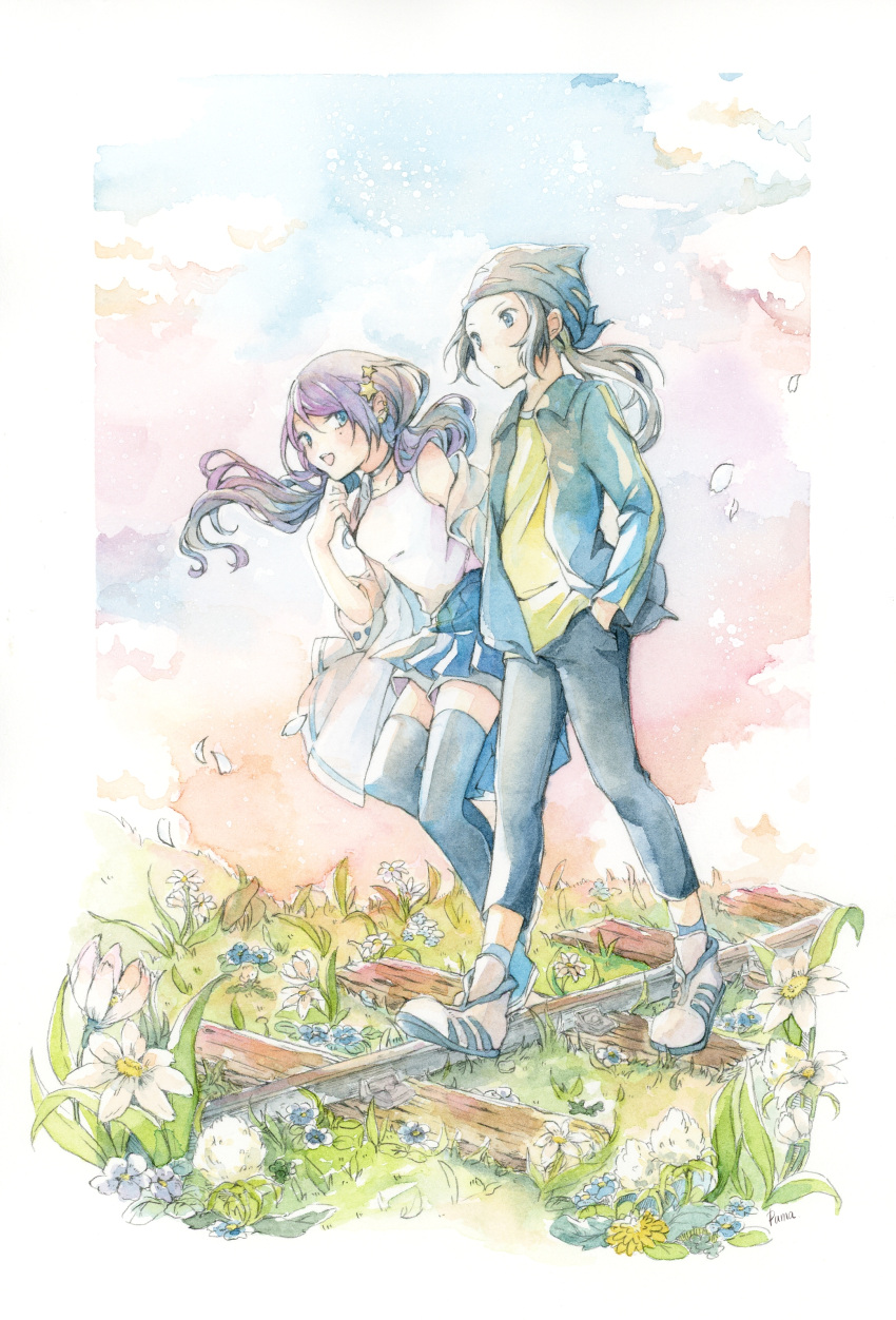 1boy 1girl absurdres beanie black_pants black_thighhighs blue_eyes blue_jacket blue_sky blue_socks border brown_hair cloud commission digimon digimon_frontier hair_ornament hand_in_pocket hat highres jacket long_hair looking_ahead minamoto_kouji mole mole_under_eye oekaki_rabbits original outdoors painting_(medium) pants petals pleated_skirt purple_hair railroad_tracks shirt shoes skeb_commission skirt sky socks star_(symbol) star_hair_ornament thighhighs traditional_media walking watercolor_(medium) white_border white_footwear white_shirt yellow_shirt