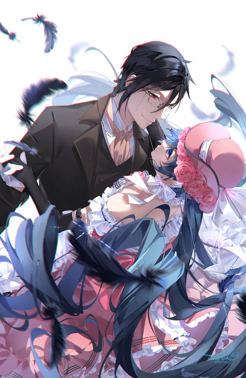 2boys absurdres age_difference ascot black_gloves black_hair black_suit black_vest blue_eyes blue_hair buttons ciel_phantomhive ciel_phantomhive_(robin_dress) collared_shirt commentary crossdressing dress earrings elbow_gloves eye_contact falling_feathers feathers frilled_dress frills glasses gloves hat head_wreath highres jewelry kuroshitsuji lolita_fashion looking_at_another male_focus multiple_boys off-shoulder_dress off_shoulder open_clothes otoko_no_ko pink_ascot pink_dress pink_headwear shirt short_hair simple_background smile suit toritoki_(1301237579) vest white_background white_shirt yaoi