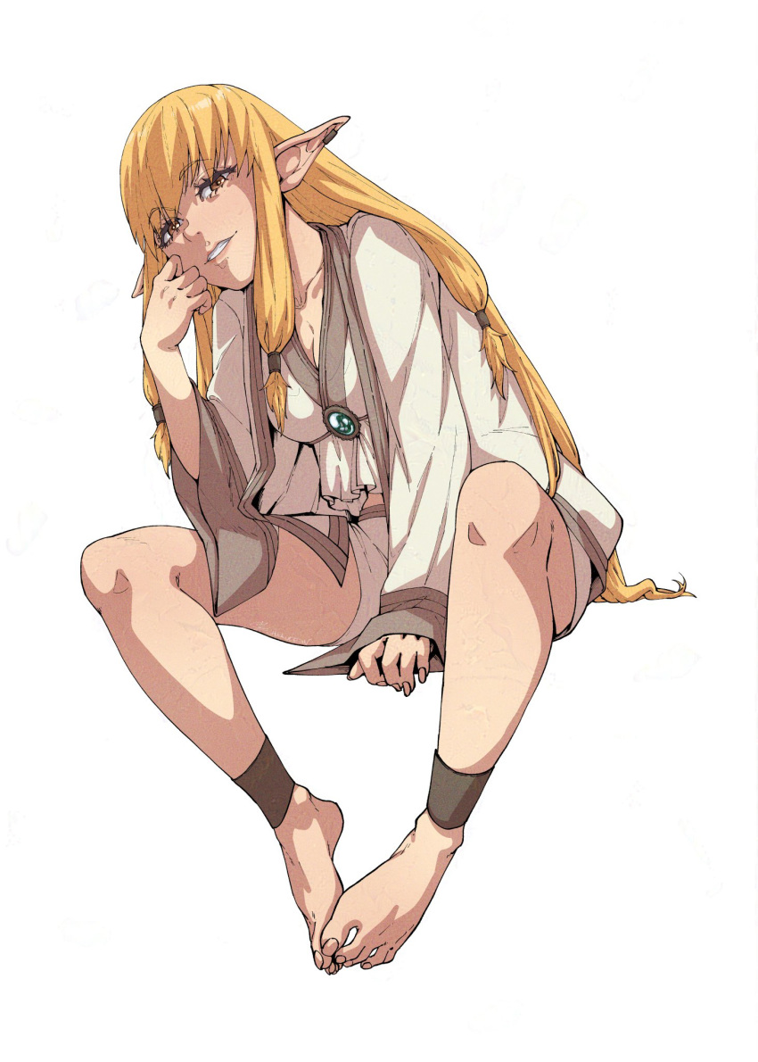 1girl anklet barefoot between_legs blonde_hair breasts brooch brown_eyes chuckuddin cleavage collarbone earclip elf feet gem green_gemstone hair_tubes hand_between_legs hand_on_own_cheek hand_on_own_face highres jewelry leaning_forward lips long_hair looking_at_viewer medium_breasts parted_lips pointy_ears serie_(sousou_no_frieren) simple_background smile solo sousou_no_frieren very_long_hair white_background wide_sleeves