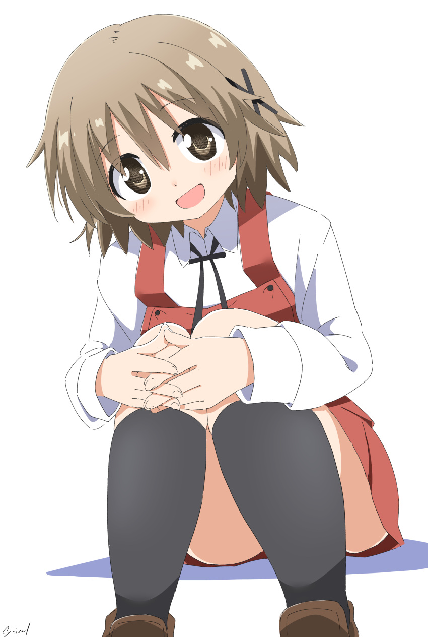 1girl :d absurdres black_socks blush brown_eyes brown_footwear brown_hair collared_shirt cynical_(llcbluckg_c004) hair_between_eyes hair_ornament hidamari_sketch highres knees_up long_sleeves looking_at_viewer open_mouth overalls red_overalls school_uniform shirt simple_background sitting smile socks solo white_background white_shirt x_hair_ornament yuno_(hidamari_sketch)