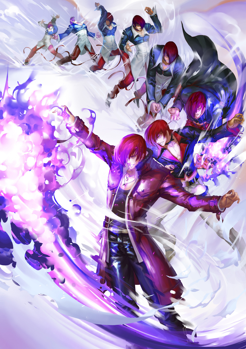 1boy absurdres attack choker coat comparison eddy_huang_zheng evolution fire fur-trimmed_jacket fur_trim hair_over_one_eye highres jacket jewelry male_focus multiple_persona muscular necklace open_mouth pants pectoral_cleavage pectorals progression purple_fire pyrokinesis red_eyes red_hair red_pants shirt short_hair simple_background smile snk the_king_of_fighters the_king_of_fighters_'95 the_king_of_fighters_2000 the_king_of_fighters_xiii the_king_of_fighters_xiv trench_coat unbuttoned_sleeves white_background yagami_iori