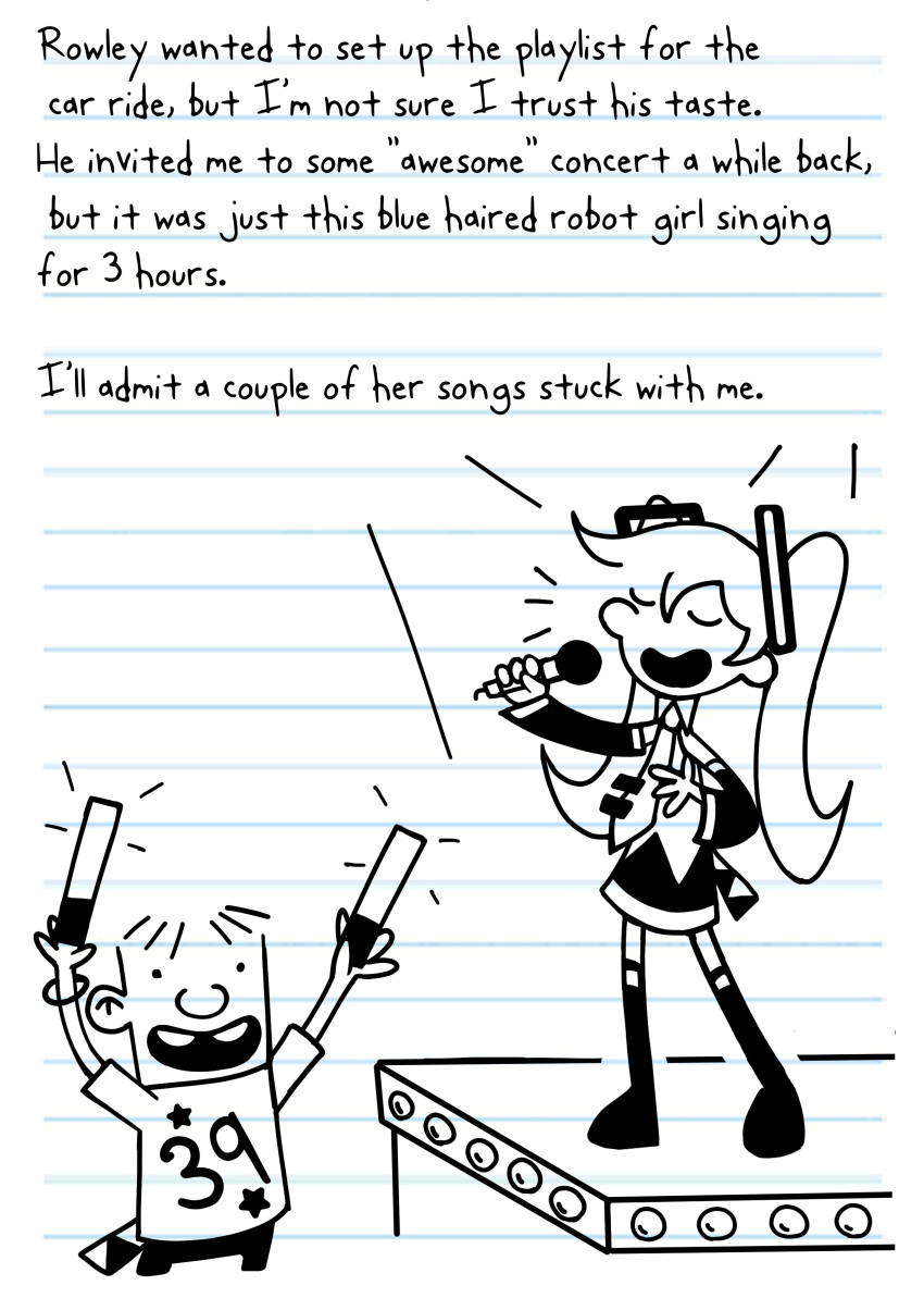 1boy 1girl :d absurdres arms_up boots buck_teeth commentary crossover diary_of_a_wimpy_kid dizzyisdizzy english_commentary english_text glowstick greyscale hatsune_miku highres holding holding_glowstick holding_microphone jeff_kinney_(style) lined_paper microphone monochrome necktie parody rowley_jefferson shirt short_sleeves skirt smile style_parody teeth thigh_boots twintails vocaloid