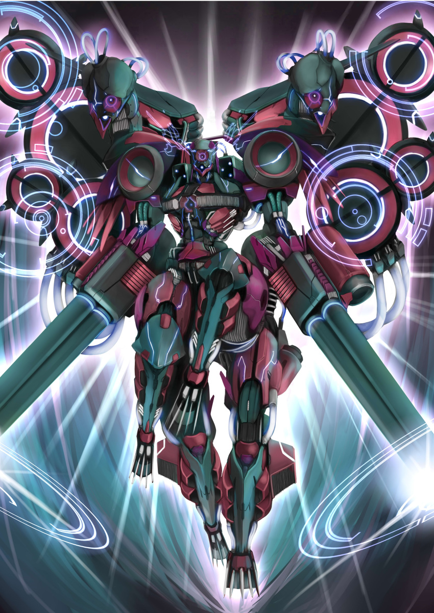 absurdres cable centauroid chris_ilst duel_masters energy_cannon floating full_body glowing highres hologram mecha no_humans official_art robot science_fiction taur