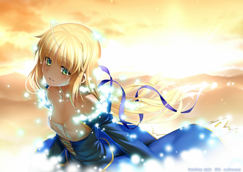 ahoge artoria_pendragon_(all) bare_shoulders blonde_hair breasts cleavage corset dress fate/stay_night fate_(series) green_eyes hair_ribbon long_hair looking_at_viewer namonashi ribbon saber skirt sky small_breasts smile solo sunset