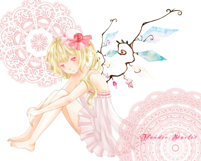 alternate_costume bare_arms bare_legs bare_shoulders barefoot blonde_hair character_name doily dress expressionless flandre_scarlet flower full_body hat hat_flower hat_ribbon head_tilt knees_up leg_hug lips looking_at_viewer mob_cap naiyuki_niika red_eyes red_flower red_rose ribbon rose short_hair side_ponytail simple_background sitting solo strapless strapless_dress touhou white_background wings