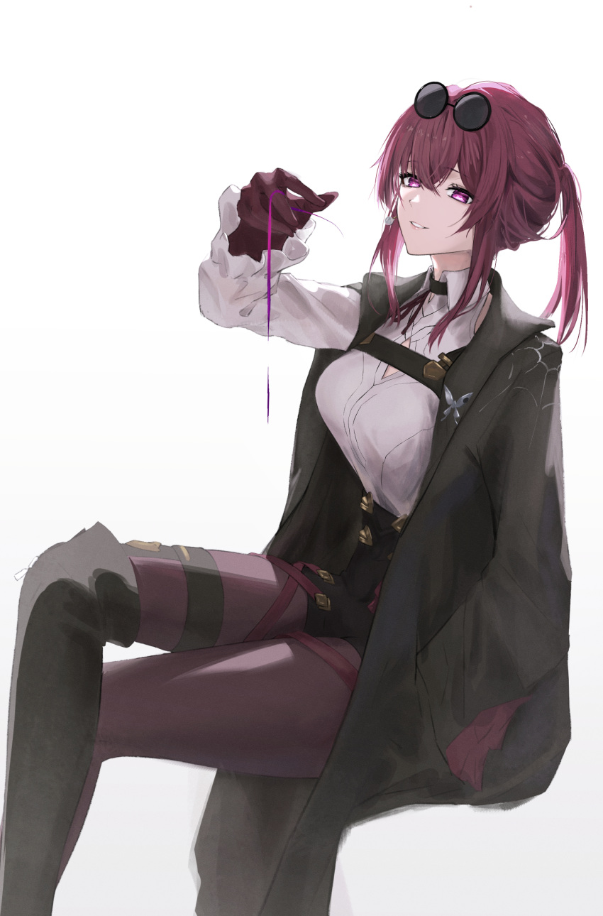 1girl absurdres bakemonsou black_footwear boots breasts collared_shirt eyewear_on_head gloves hand_up highres honkai:_star_rail honkai_(series) kafka_(honkai:_star_rail) large_breasts leggings long_sleeves looking_at_viewer medium_hair parted_lips pince-nez purple_gloves purple_hair purple_leggings shirt simple_background single_thigh_boot sitting smile solo thigh_boots white_background white_shirt