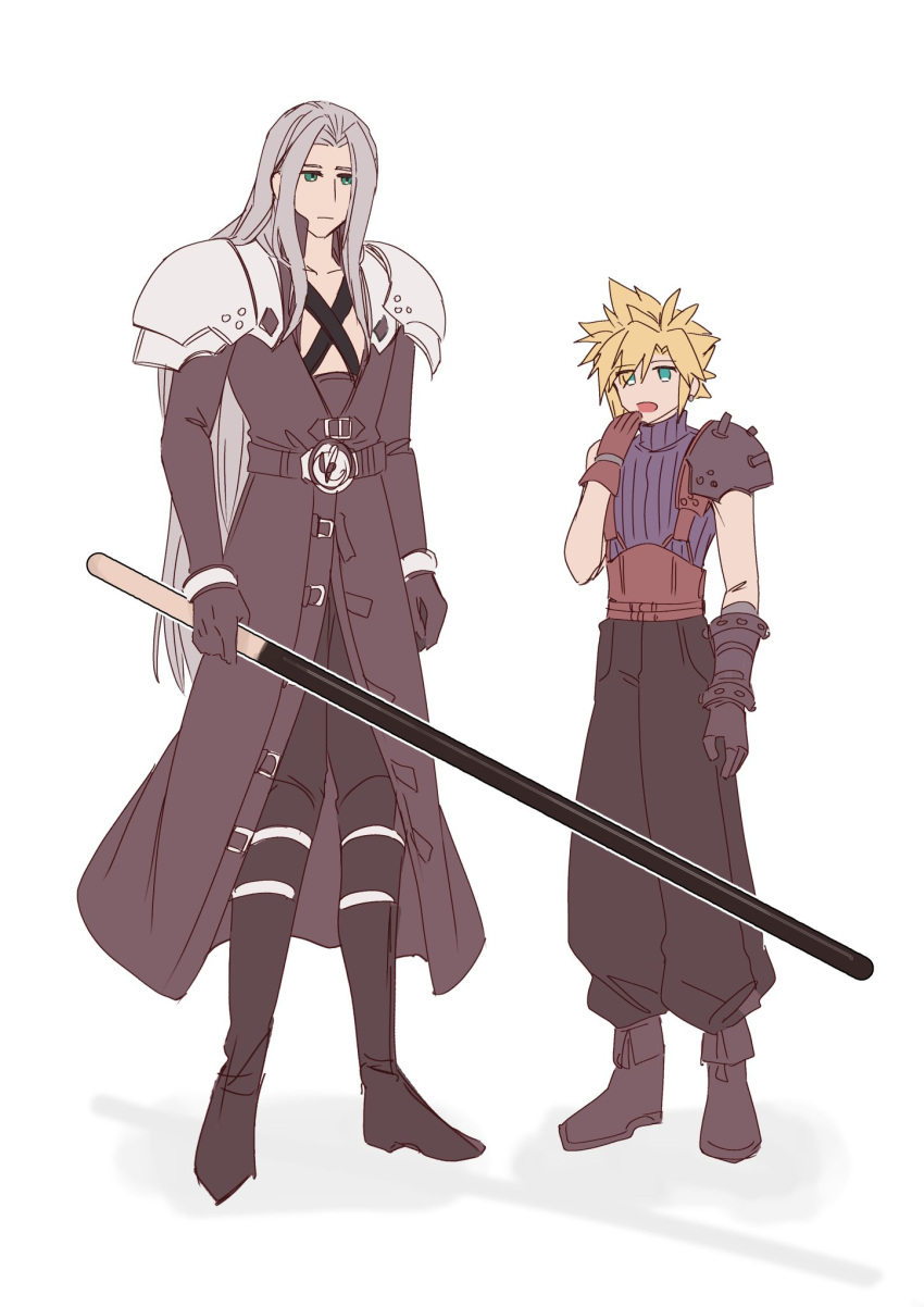 2boys armor asymmetrical_armor belt black_belt black_coat black_footwear black_gloves black_pants blonde_hair blue_eyes boots brown_gloves chest_strap clenched_hand cloud_strife coat expressionless final_fantasy final_fantasy_vii flat_color food full_body gloves green_eyes grey_hair hand_to_own_mouth high_collar highres holding holding_food holding_pocky keiseki1 knee_boots leather_belt long_bangs long_coat long_hair long_sleeves male_focus multiple_boys no_pupils open_mouth oversized_food oversized_object pants parted_bangs pauldrons pocky pocky_day puffy_pants purple_sweater sephiroth shadow short_hair shoulder_armor simple_background single_pauldron sleeveless sleeveless_turtleneck solo standing suspenders sweater turtleneck very_long_hair white_background