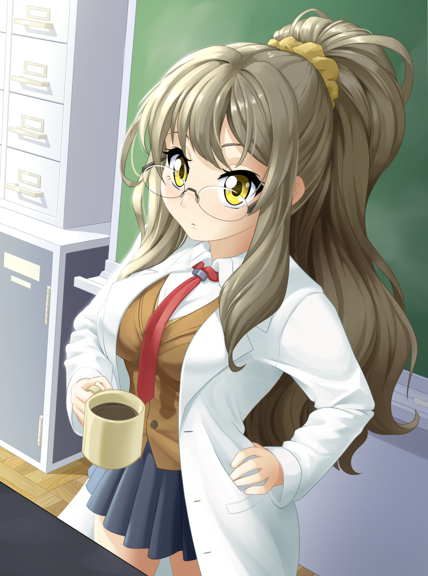 1girl black_skirt brown_hair brown_vest chalkboard closed_mouth coat coffee_mug collared_shirt cup dstears futaba_rio glasses hair_tie hand_on_own_hip highres holding holding_cup indoors lab_coat long_hair looking_at_viewer mug necktie open_clothes open_coat pleated_skirt ponytail red_necktie school seishun_buta_yarou shirt sidelocks skirt vest white_coat white_shirt yellow_eyes