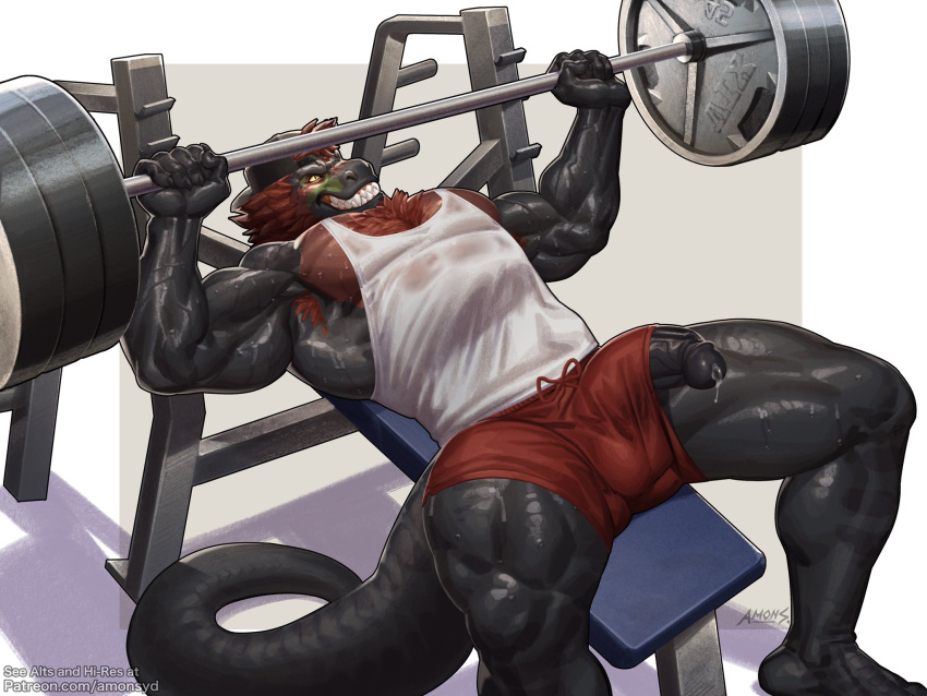 2024 amon-sydonai anthro armpit_hair backwards_baseball_cap backwards_hat balls_outline barazoku barbell barefoot baseball_cap bench biceps big_bulge big_muscles big_penis bodily_fluids body_hair border bottomwear bulge chest_hair claws clenched_teeth clothed clothing detailed_bulge dinosaur erection erection_under_clothing exercise feet genital_fluids genital_outline genitals grey_background hair hat headgear headwear hi_res huge_muscles humanoid_genitalia humanoid_penis lying male manly muscular muscular_anthro muscular_male obliques on_back pecs penis poking_out precum quads reptile scales scalie shadow shirt shorts signature simple_background smile solo sweat tagg tank_top teeth text theropod thick_penis thick_thighs topwear triceps tyrannosaurid tyrannosaurus tyrannosaurus_rex url vein weight_bench weightlifting white_border workout