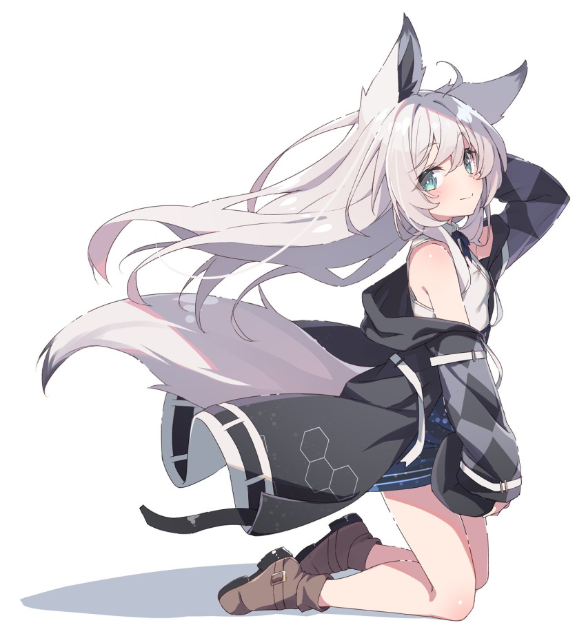 1girl ahoge animal_ear_fluff animal_ears arm_up black_coat blue_skirt boots brown_footwear coat commission fox_ears fox_girl fox_tail from_side green_eyes highres kneeling long_hair looking_at_viewer off_shoulder original shiro_youduki shirt skeb_commission skirt sleeveless sleeveless_shirt smile solo tail thighs white_hair white_shirt wind