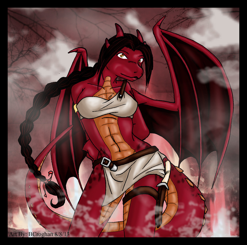 braid breasts dragon female fire horn invalid_color invalid_tag knife koshkio looking_at_viewer scalie solo spots sriah the_clan tribal wings