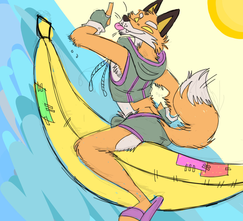 2022 absurd_res anthro banana biped bulge canid canine clothed clothing digital_drawing_(artwork) digital_media_(artwork) dipstick_tail epic_games fennix_(fortnite) flip_flops food footwear fortnite fox fruit fur heavensmile hi_res inflatable looking_back male mammal markings multicolored_tail orange_body orange_fur outside plant red_fox sandals sharp_teeth solo sun tail tail_markings teeth tongue tongue_out underwear water white_body white_fur yellow_eyes