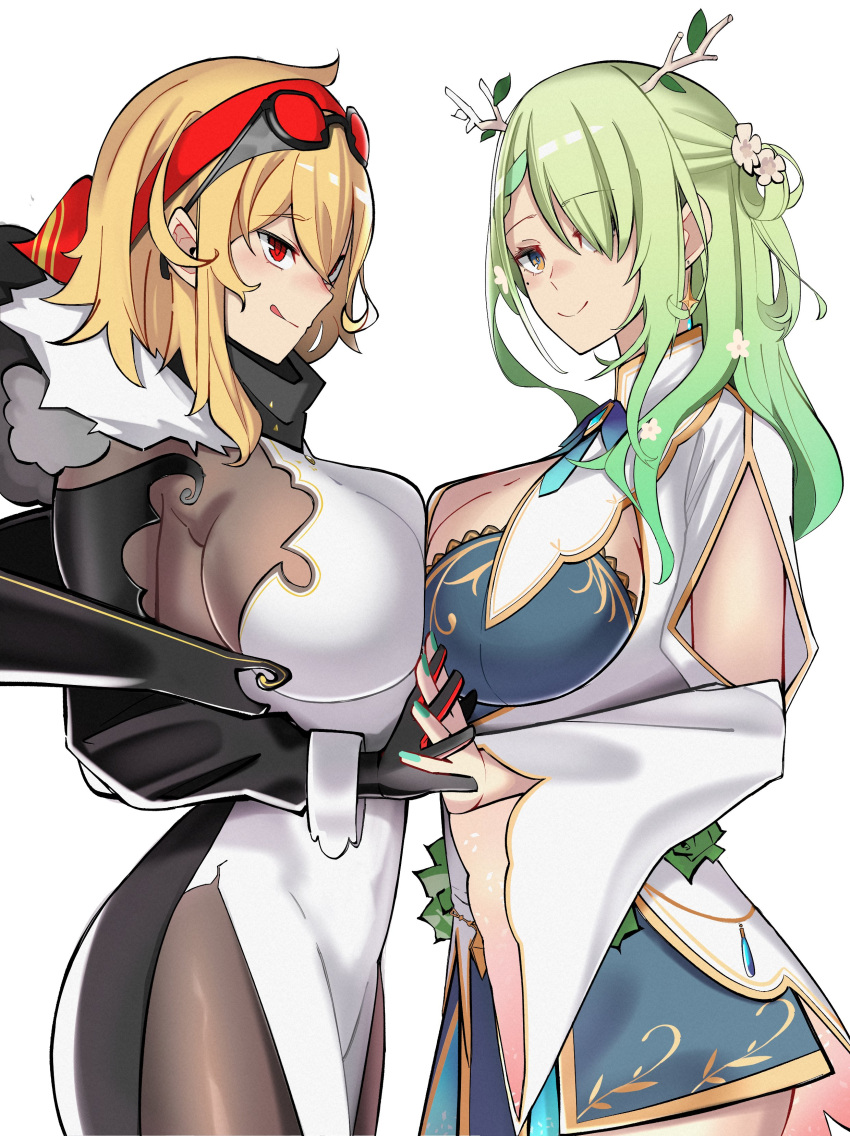 2girls absurdres antlers blonde_hair blush braid braided_bangs branch breasts ceres_fauna ceres_fauna_(1st_costume) cleavage dress earrings eyewear_on_head flower gloves green_hair hair_flower hair_ornament highres hololive hololive_english hololive_indonesia horns if_inochigakede interlocked_fingers jewelry kaela_kovalskia kaela_kovalskia_(1st_costume) large_breasts long_hair looking_at_viewer medium_hair mole mole_under_eye multiple_girls red-tinted_eyewear red_eyes red_gloves simple_background smile sunglasses tinted_eyewear tongue tongue_out tree_horns virtual_youtuber white_background white_dress yellow_eyes