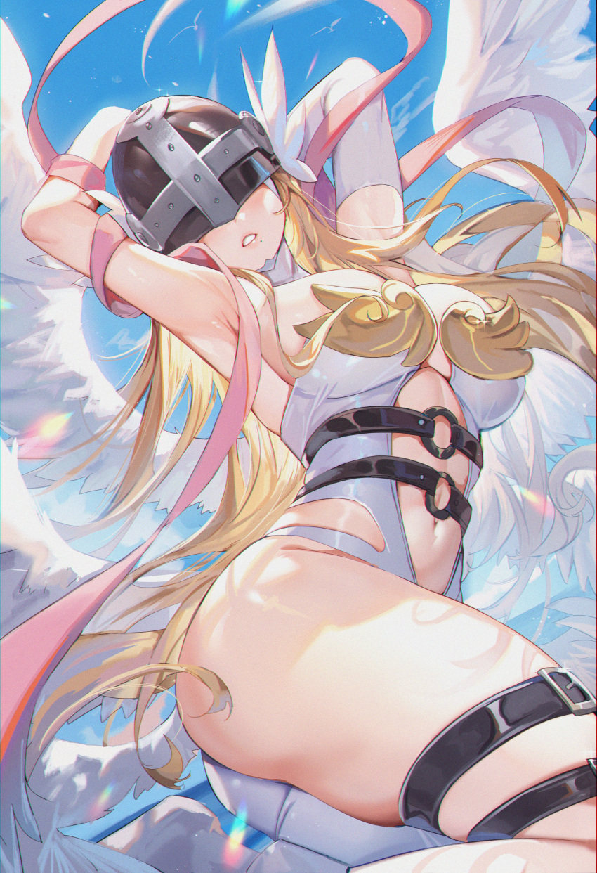 1girl absurdres angel_wings angewomon armpits arms_up asymmetrical_clothes belt black_belt blonde_hair breasts commentary_request covered_eyes digimon digimon_(creature) elbow_gloves facing_viewer feathered_wings floating_hair from_side gloves head_wings helmet helmet_over_eyes highres large_breasts long_hair mole mole_under_mouth multiple_wings navel o-ring parted_lips shanguier shawl simple_bird single_glove skindentation solo teeth thigh_belt thigh_strap thighs very_long_hair white_gloves white_wings winged_helmet wings