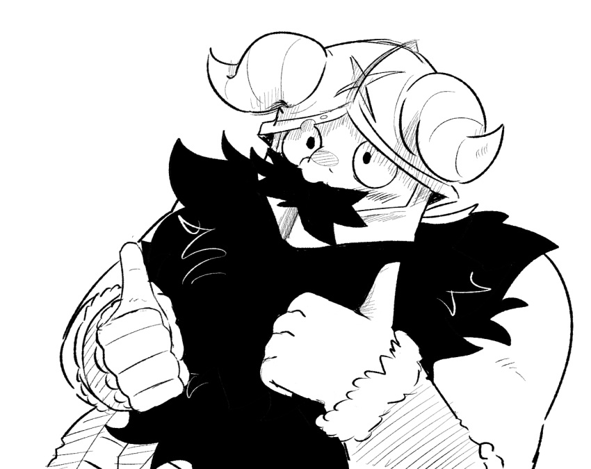 1boy beard dom_doggo double_thumbs_up dungeon_meshi dwarf facial_hair fake_horns greyscale helmet horned_helmet horns long_beard looking_ahead male_focus monochrome sanpaku senshi_(dungeon_meshi) solo thick_mustache thumbs_up upper_body very_long_beard