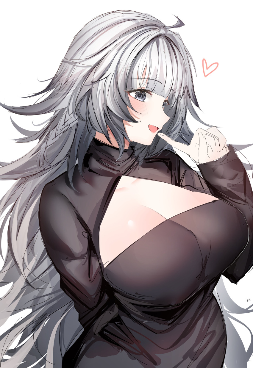 1girl absurdres azur_lane breasts cleavage_cutout clothing_cutout dress grey_eyes grey_hair heart highres large_breasts long_hair long_sleeves open_mouth simple_background smile solo suimo_(suimodayo) upper_body vittorio_veneto_(azur_lane) white_background