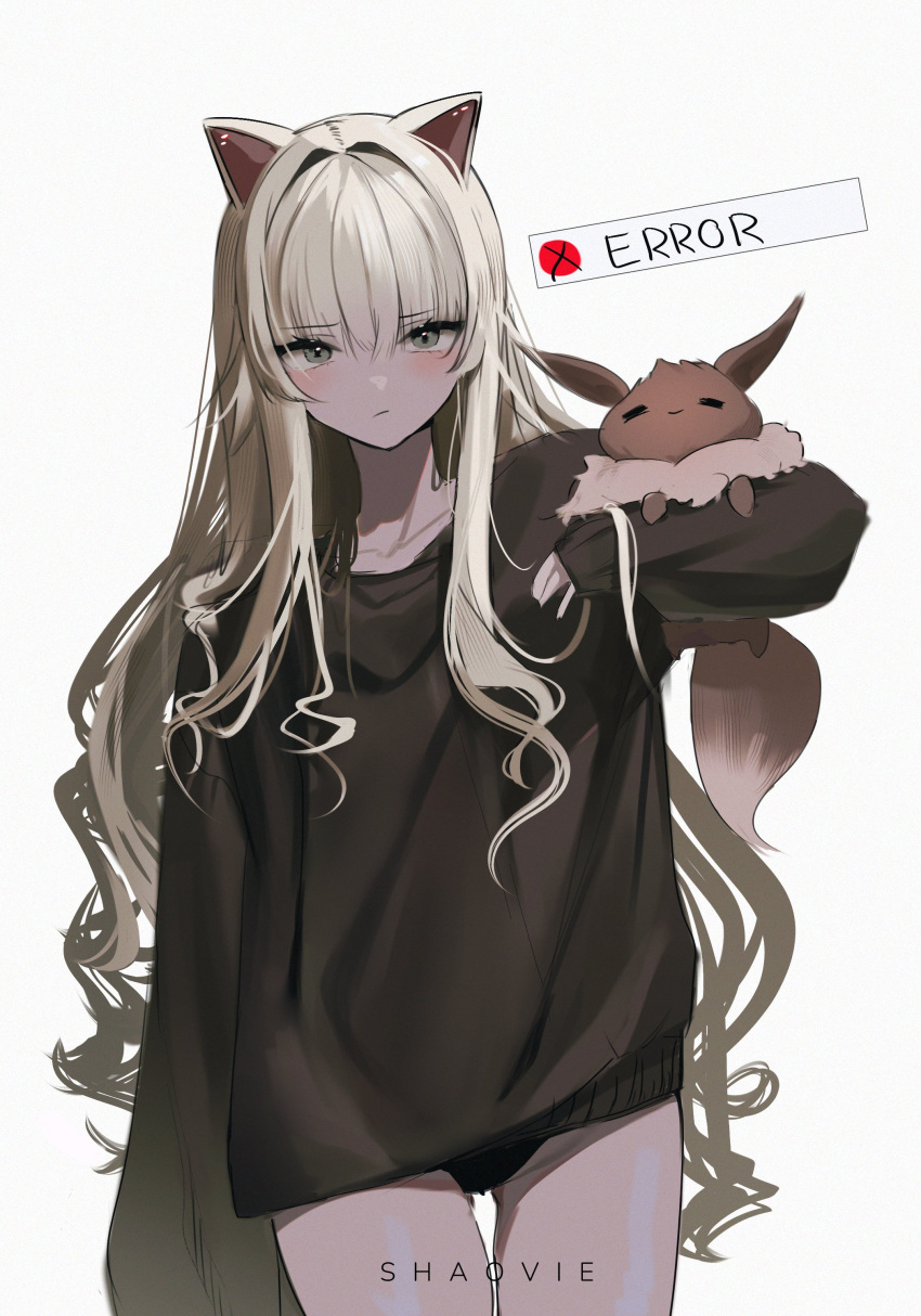 1girl absurdres animal_ears artist_name black_panties blonde_hair blush creature eevee english_commentary error_message green_eyes hair_intakes highres holding holding_creature indie_virtual_youtuber long_hair long_sleeves looking_at_viewer panties pokemon pokemon_(creature) pout shaovie shaoviie sketch solo standing sweater underwear upper_body virtual_youtuber wavy_hair white_background