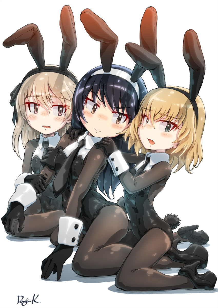 3girls absurdres alternate_costume animal_ears arm_garter artist_name black_bodysuit black_footwear black_gloves black_hair black_hairband black_leotard black_necktie black_ribbon blonde_hair blue_eyes blush bob_cut bodysuit brown_eyes closed_mouth commentary dress_shirt fake_animal_ears fake_tail fang frown girls_und_panzer gloves hair_ribbon hairband hands_on_another's_shoulders high_heels highres katyusha_(girls_und_panzer) kuroneko_douji leotard light_brown_hair long_hair long_sleeves looking_at_another looking_at_viewer looking_back multiple_girls necktie one_side_up open_mouth playboy_bunny rabbit_ears rabbit_tail reizei_mako ribbon shadow shimada_arisu shirt short_hair signature simple_background sitting tail wariza white_background white_hairband white_shirt wing_collar yokozuwari