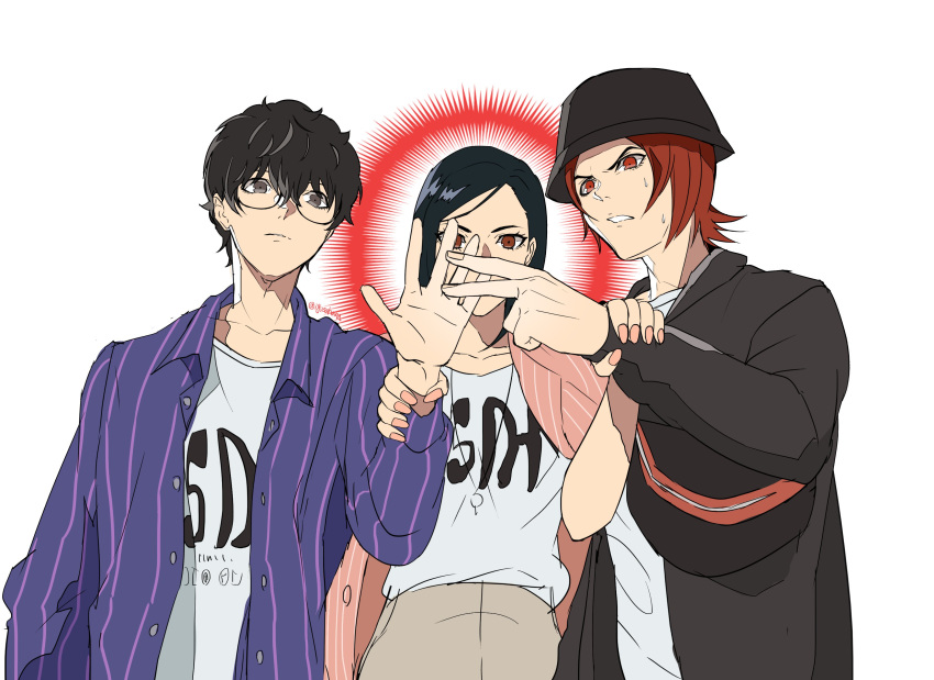 2boys absurdres amamiya_ren closed_mouth commentary crossover hat highres igusaharu multiple_boys persona persona_5 rock_paper_scissors short_hair simple_background white_background