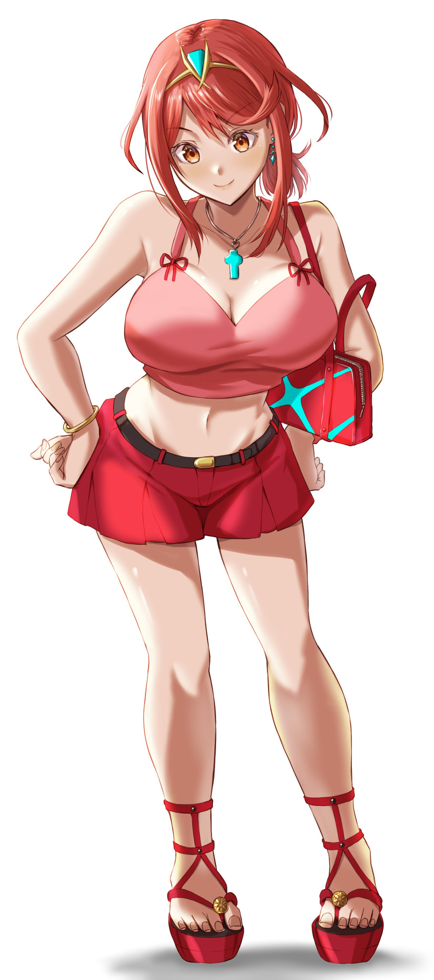 1girl absurdres bag breasts brown_eyes cleavage crop_top earrings full_body handbag highres jewelry kenichiart large_breasts midriff navel necklace ponytail pyra_(xenoblade) red_hair red_shorts short_hair shorts solo tiara xenoblade_chronicles_(series) xenoblade_chronicles_2