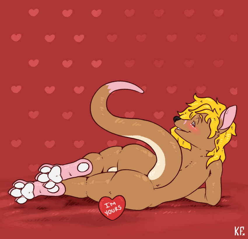 absurd_res anthro balls blush brown_body brown_fur butt eyewear flirting fur genitals glasses hair hi_res holidays kangaroo katxfish long_hair lying macropod male mammal marsupial pawpads paws raised_tail rear_view simple_background smile solo tail valentine's_day