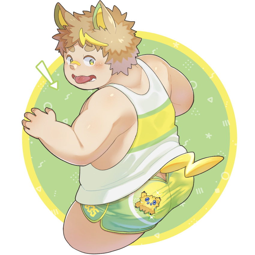1boy animal_ears animal_on_ass arrow_(symbol) ass back blush brown_hair butt_crack clothing_cutout cropped_legs dog_boy dog_ears dog_tail green_eyes highres joltik kemonomimi_mode looking_back male_focus multicolored_hair open_mouth personification plump pokemon short_hair short_shorts shorts solo streaked_hair tail tank_top thick_arms thick_eyebrows thick_thighs thighs tongue tongue_out white_tank_top yamper yunosuke