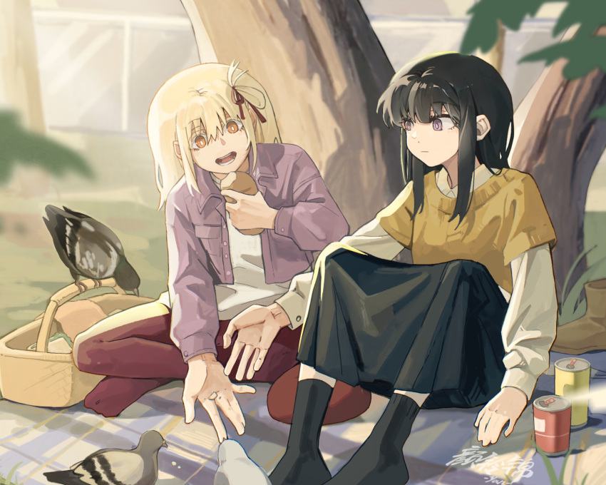 2girls bird bird_feeding black_hair black_skirt black_socks blonde_hair blurry blurry_foreground brown_sweater can chinese_commentary closed_mouth commentary_request day feeding_animal food grass hair_ribbon highres holding holding_food inoue_takina jacket long_hair long_sleeves lycoris_recoil medium_hair multiple_girls nishikigi_chisato no_shoes one_side_up open_mouth orange_eyes outdoors pantyhose picnic picnic_basket pigeon purple_eyes purple_jacket red_pantyhose red_ribbon ribbon shirt shoes sitting skirt socks sweater tree unworn_shoes white_shirt yanlingjinshilihuahua