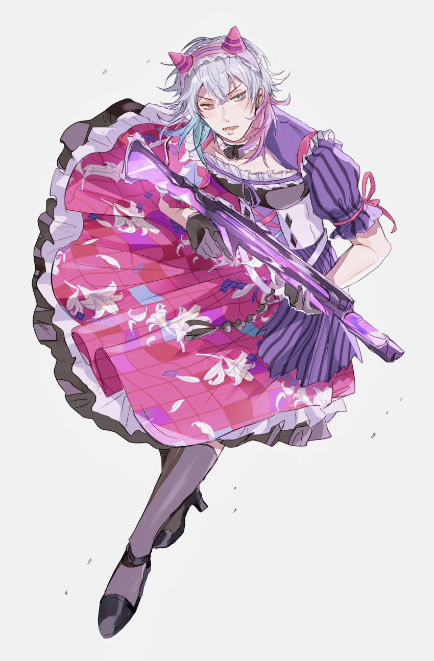 1boy alternate_costume black_gloves black_socks blue_eyes blue_hair blush collar crossdressing dress dynamic_pose enmaided eyeshadow fake_horns floral_print frilled_collar frilled_dress frills full_body gavis_bettel gloves grey_hair gun hairband heterochromia high_heels highres holding holding_gun holding_weapon holostars holostars_english horned_headwear horns kneehighs lily_print maid maid_headdress makeup male_focus medium_hair multicolored_clothes multicolored_dress multicolored_hair open_mouth pink_eyes pink_eyeshadow pink_hair puffy_short_sleeves puffy_sleeves riz_tempura short_sleeves sketch socks solo virtual_youtuber weapon white_background