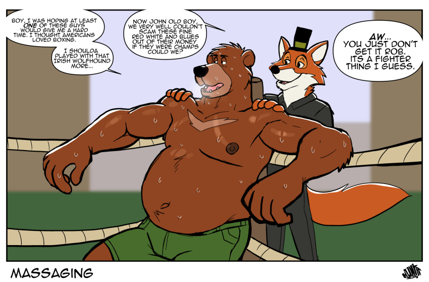 anthro bear belly biceps black_bottomwear black_clothing black_pants black_shirt black_topwear bodily_fluids bottomwear breath brown_bear canid canine clothing collared_shirt dadbod dialogue duo fighting_ring fox green_bottomwear green_clothing green_shorts hat headgear headwear hi_res hunter-husky little_john male male/male mammal massage navel nipples open_mouth panting pants red_fox robin_hood rope shirt shirtless shirtless_anthro shirtless_male shorts simple_background slim small_hat smile speech_bubble sweat tail teeth_showing text top_hat topwear ursine