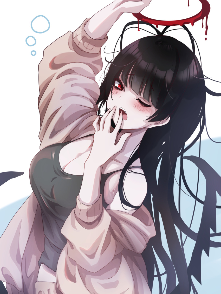 1girl antenna_hair arm_up black_camisole black_hair black_wings blue_archive blush breasts camisole cleavage grey_jacket halo highres jacket komena_(shinyday312) large_breasts long_hair long_sleeves melting_halo one_eye_closed open_clothes open_jacket open_mouth red_eyes red_halo sleep_bubble solo tsurugi_(blue_archive) wings yawning