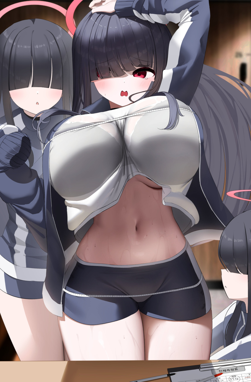 3girls absurdres black_hair blue_archive breasts bust_measuring clipboard gym_uniform halo highres huge_breasts jacket justice_task_force_member_(blue_archive) long_hair long_sleeves measuring multiple_girls nicorima pen red_eyes shirt shorts tape_measure white_shirt